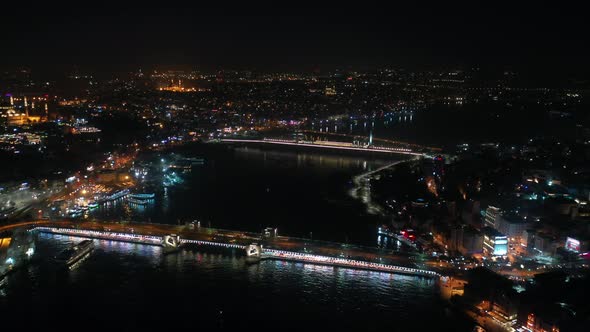 Golden Horn And Galata Bridge Aerial View At Night