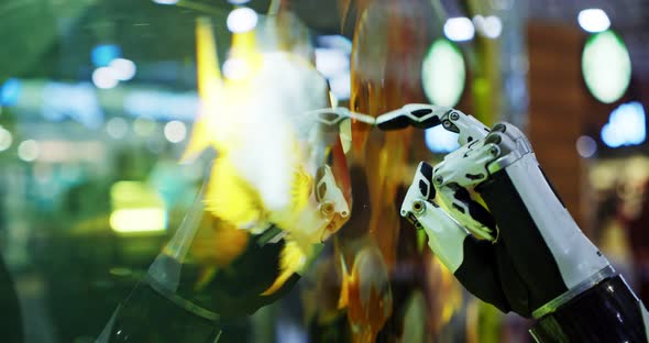 Closeup of a Bionic Hand That Runs Its Finger Along the Glass Wall of an Aquarium with Large alt