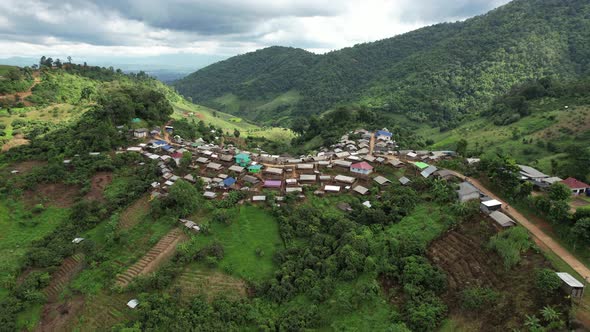 Aerial view from drone of rural village in the mountains