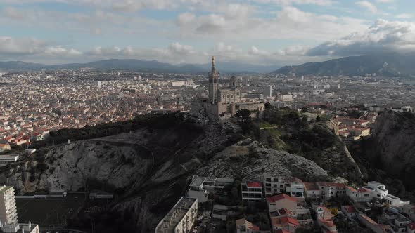 Aerial view of the basilica Notre Dame de la Garde in Marseille. France 2020 alt