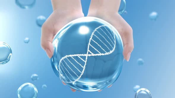 Female Beauty Shot Cupped Hands Holding Looped Water Drop and Revolving DNA on Bubble Background