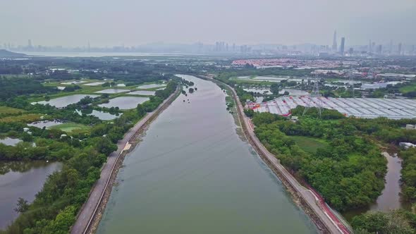 A dynamic ascending aerial footage above the Shan Pui river in Yuen Long, Hong Kong. It has many tri alt