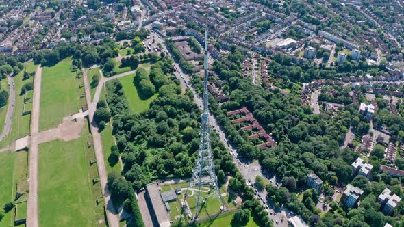 Circling drone shot of Crystal palace Radio tower alt