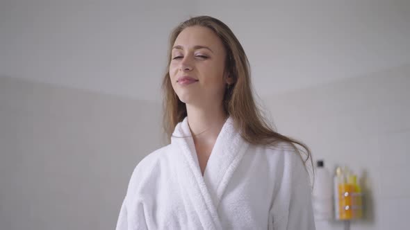 Slim Beautiful Brunette Young Woman Turning to Camera Sending Air Kiss in Slow Motion Smiling alt