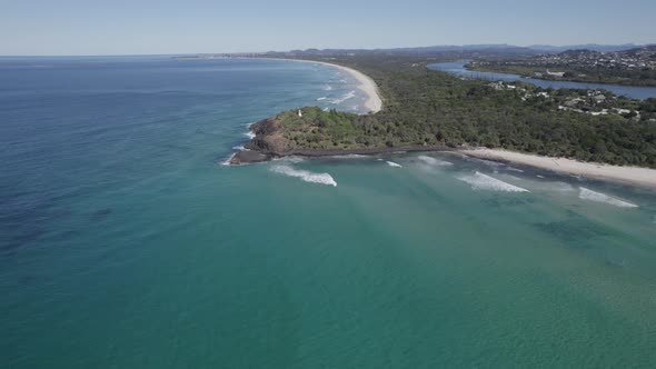 Scenic Ocean And Fingal Headland In New South Wales, Australia - aerial drone shot alt