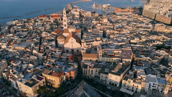 Flying Over Roof of Church in Old Town of Bari, Italy alt