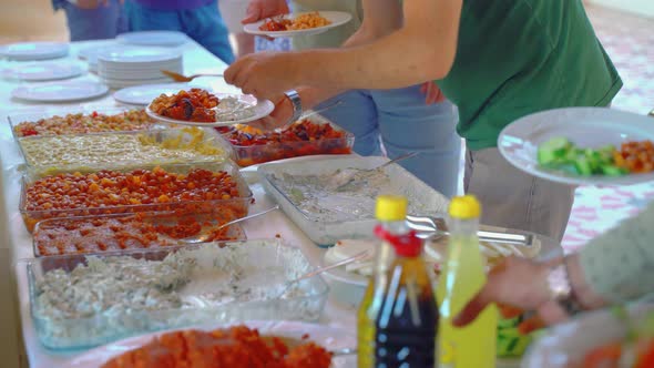 Open buffet with shiny look. Buffet restaurant, the hotel restaurant. Turkish or Arabic food