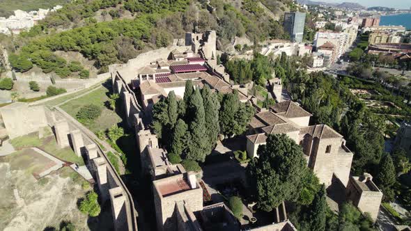 Alcazaba medieval Moorish palace fortification in Malaga, Spain; aerial view