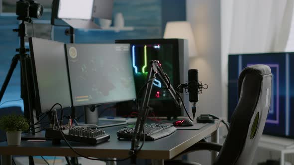 Empty Streaming Studio with RGB Led Lights Powerful Personal Computer alt