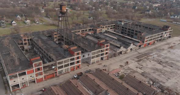 Aerial view of the dilapidated Packard Automotive Plant in Detroit, Michigan.This video was filmed i alt