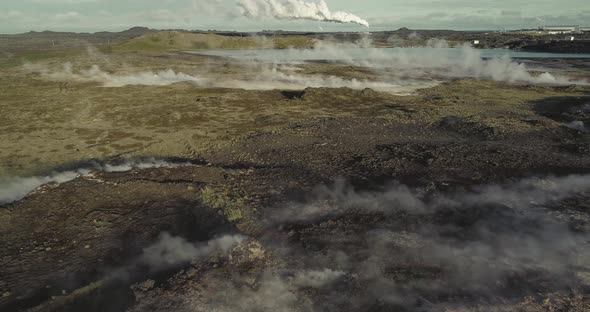 Aerial View of Gunnuhver Hot Springs and Geothermal Power Plants in Iceland alt