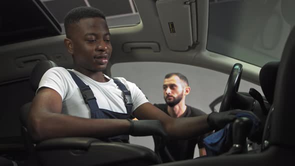 African American Came To Work Helps To Wash Car Interiors Cheerful Young Man alt