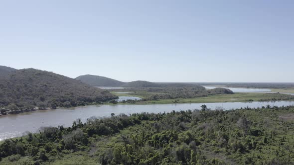 Pantanal Amolar Mountain Range and river aerial view with slight pan alt