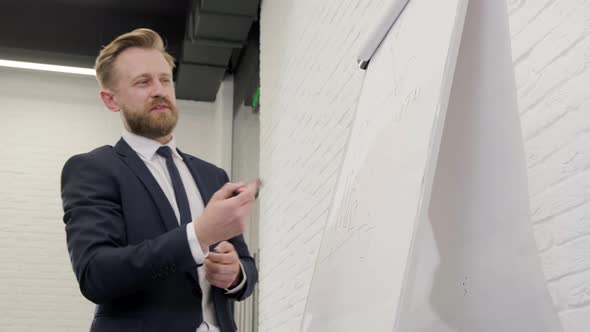 Bearded Businessman Standing Near a Flip Chart and Explaining the Company Structure alt
