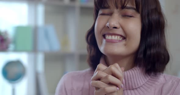 Headshot portrait of cheerfully female excited and smile with happy alt
