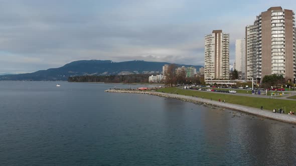 Various drone shots at English Bay near downtown Vancouver, BC during Polar Bear 2019 event alt
