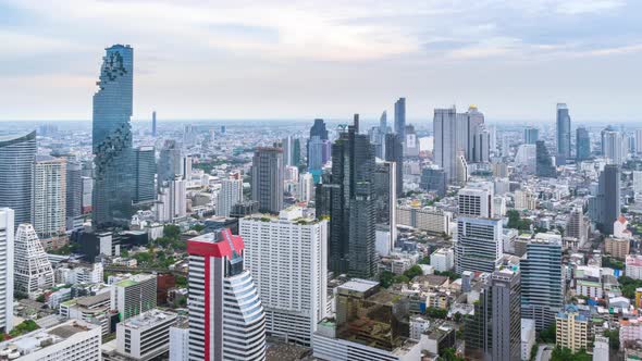 Bangkok business district city center, day to night, panning right - Time Lapse