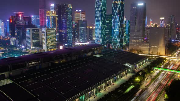 Shenzhen Central Business District Aerial Panorama China Timelapse at Night Pan Up alt