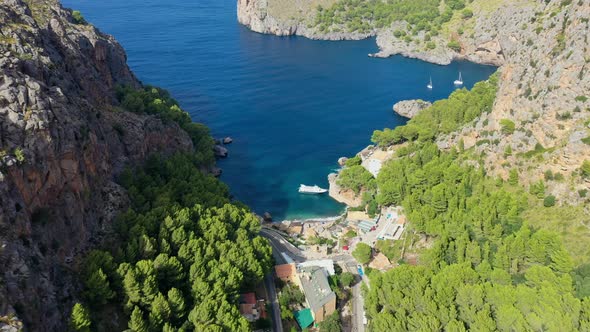 Aerial Drone Video Footage of Port De Sa Calobra Bay, Mallorca alt