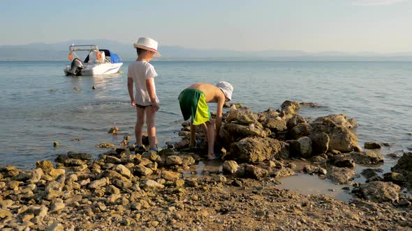 Two Happy Caucasian Kids, Brothers, Playing Together By Throwing Stones Into the Sea. Siblings