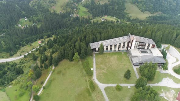 Medical resort on mountain Zlatar, Serbia. Aerial drone shot of mountain peak