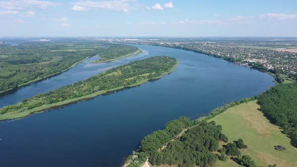 Panoramic aerial view of the Dnieper river in Ukraine.