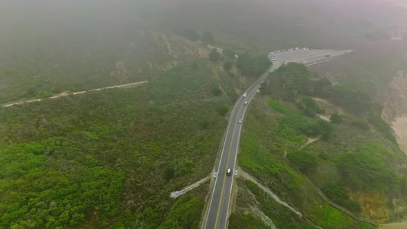 Drone Fly over Cabrillo Highway, CA. Aerial view of McNee Ranch State Park alt