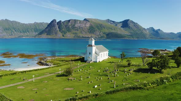 Flying Around Gimsoy Church in Gimsoysand Village Lofoten Islands Norway alt