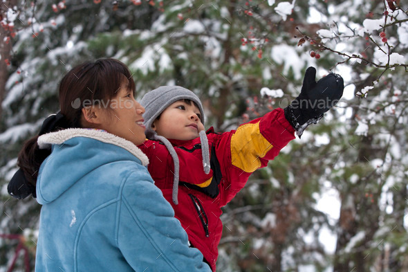 Mother and son in winter,