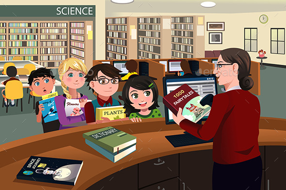 Kids Checking Out Books in the Library - People Characters