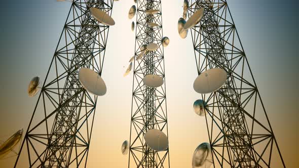 Endless animation of communication tower with uprising camera. Loopable. HD alt