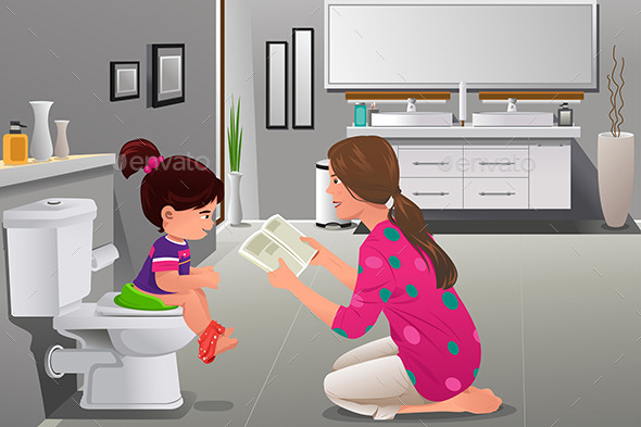 Girl Doing Potty Training with Her Mother Watching - People Characters