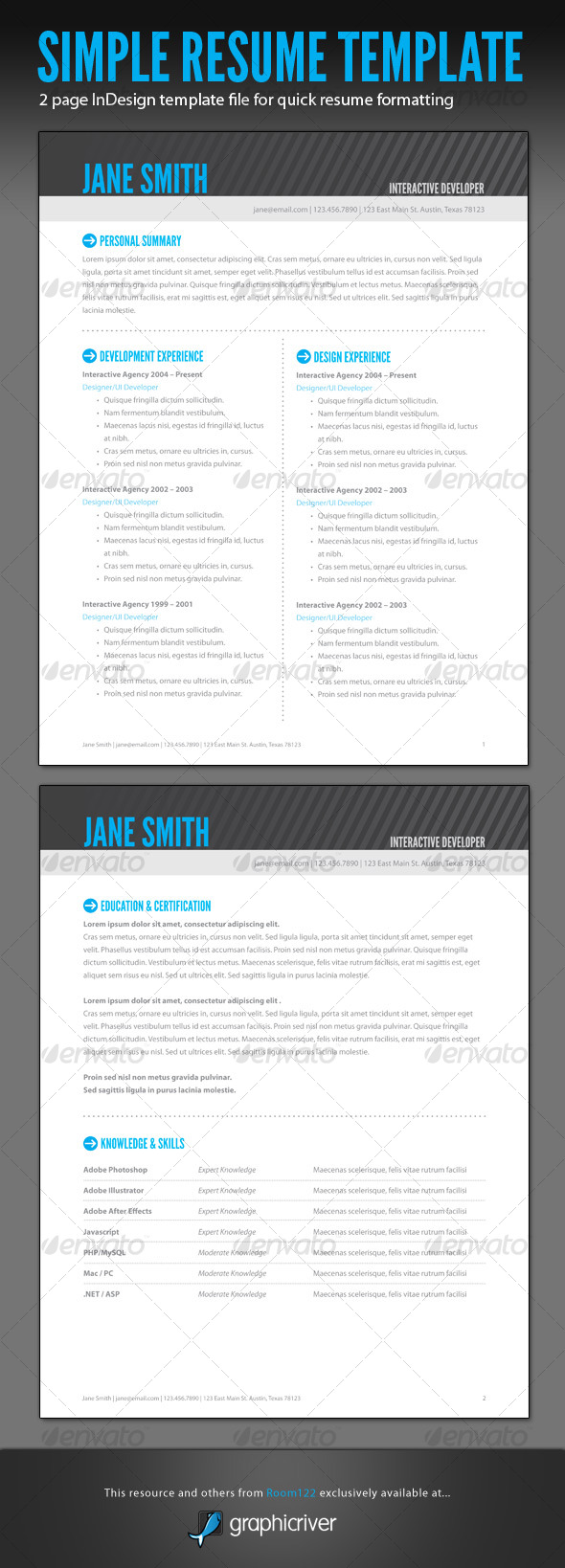 Simple Resume - InDesign Template - Resumes Stationery