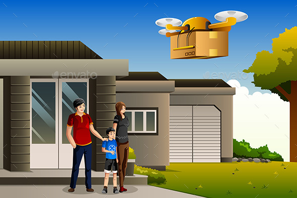 Family Expecting a Drone Package Delivery - Commercial / Shopping Conceptual