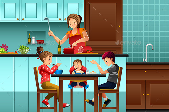 Busy Mother in the Kitchen with Her Kids - People Characters