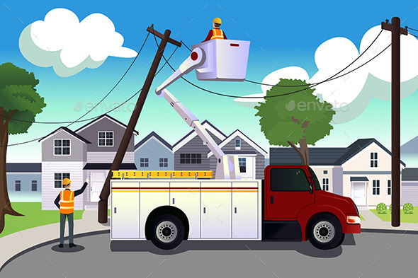 Worker Fixing Broken Power Lines - People Characters