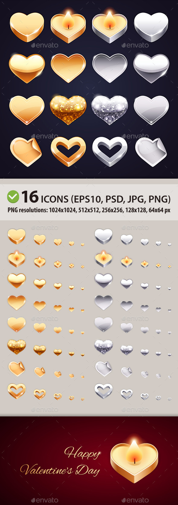 Set of Vector Golden and Silver Hearts - Valentines Seasons/Holidays