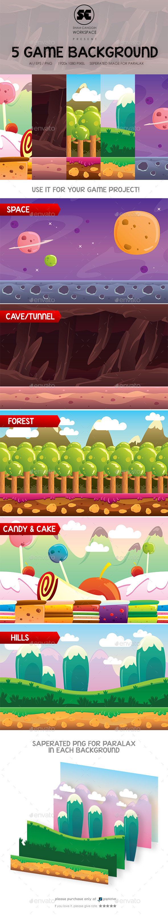 5 in 1 Game Background - Backgrounds Game Assets