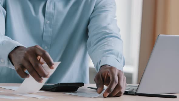 Close Up Unknown African Man Banker Accountant Hold Payment Incomes Outcomes Utility Bills Make alt