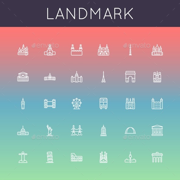 Vector Landmark Line Icons - Buildings Objects