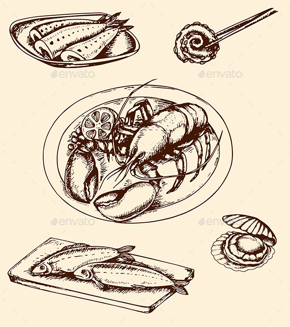 Vintage Hand Drawn Seafood - Food Objects