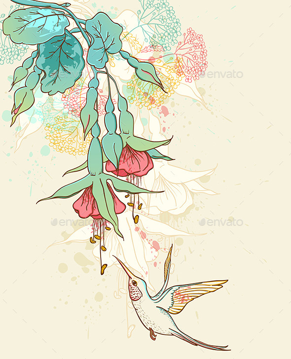 Hummingbird and Flowering Branch - Flowers & Plants Nature