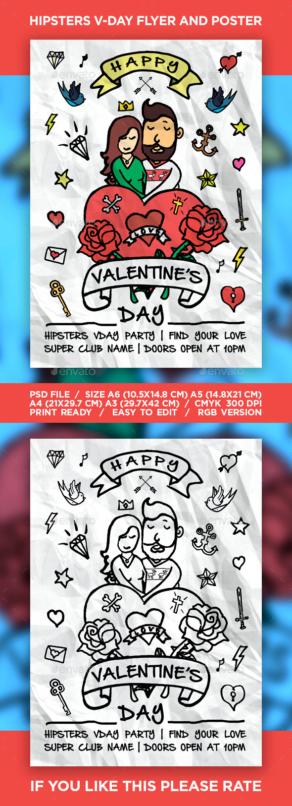 Hipsters Valentine's Day Party Flyer / Poster - Events Flyers