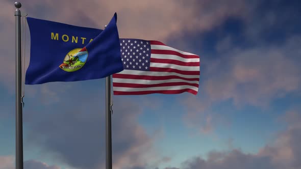 Montana State Flag Waving Along With The National Flag Of The USA  - 2K alt