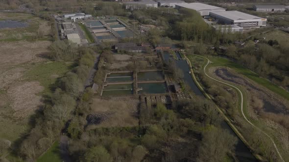 Sewage Water Treatment Works - Reading Town - Avon Canal, UK Aerial View Winter-Spring Season