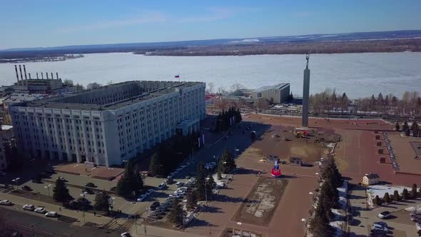 Amazing Aerial View of Modern Russian City at Sunny Winter Day Downtown of Samara City