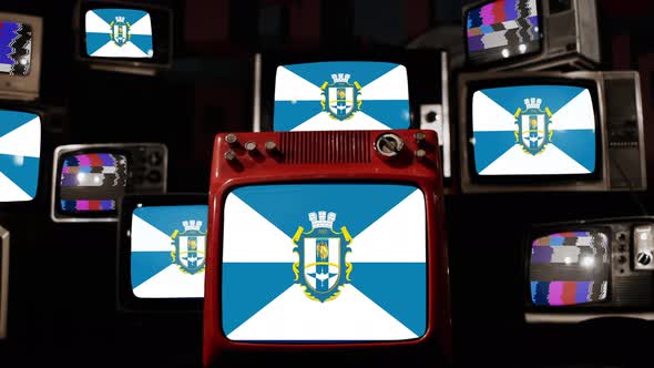 Flag of Borodianka, Ukraine, on Retro TVs. 4K.