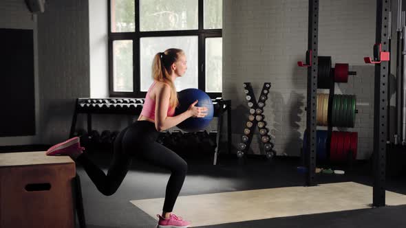 Girl athlete doing cardio exercise with squats with ball in the gym alt