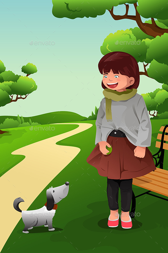 Girl Playing with her Dog - People Characters