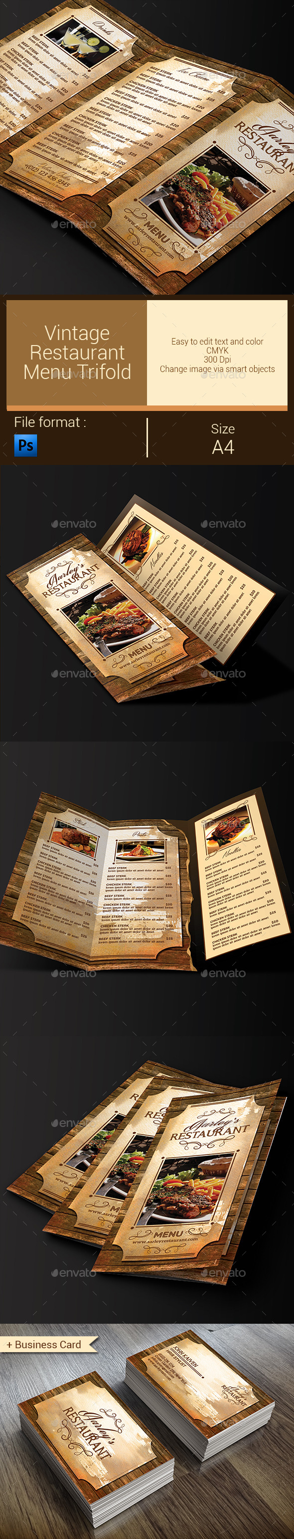 Vintage Restaurant Menu Trifold + Business Card - Food Menus Print Templates